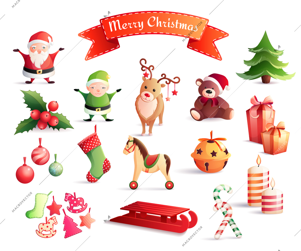 Set of cartoon icons with christmas decorations including santa, year tree, gifts, animals, candles isolated vector illustration