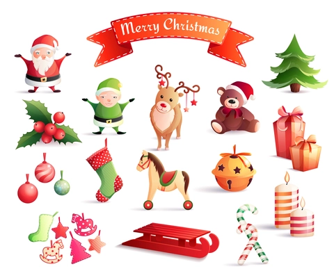 Set of cartoon icons with christmas decorations including santa, year tree, gifts, animals, candles isolated vector illustration