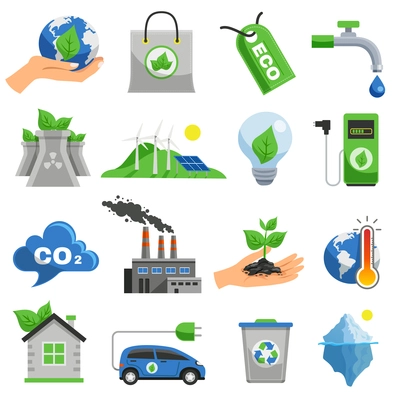 Ecology icon set with elements and attributes of ecological situation and pollution of nature vector illustration