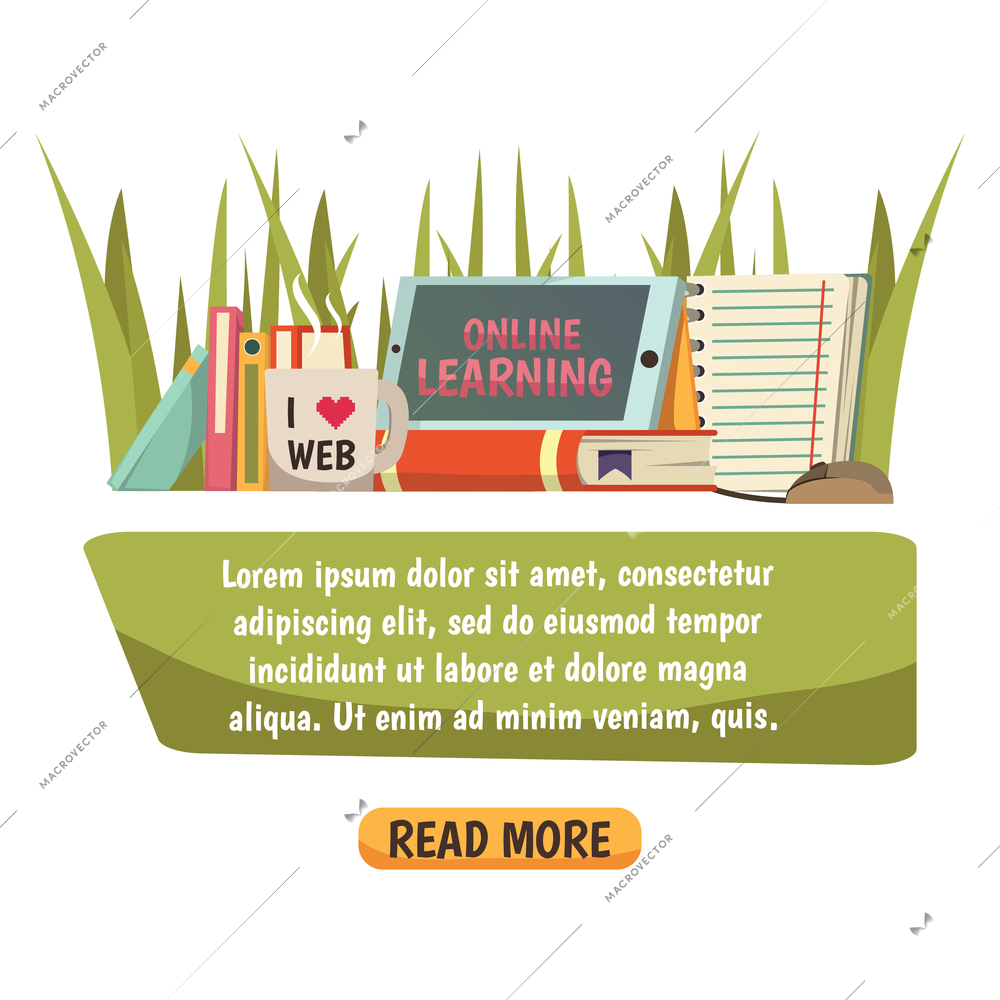 Online education orthogonal composition with text banner and collection of decorative icons used in online learning advertising flat vector illustration