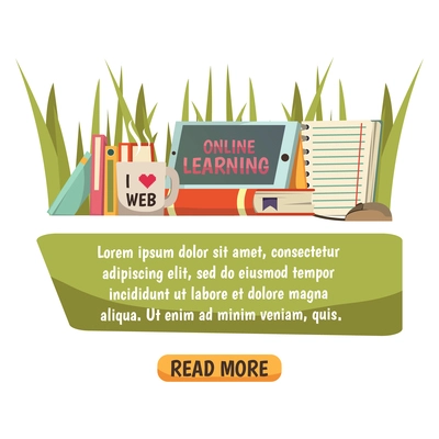 Online education orthogonal composition with text banner and collection of decorative icons used in online learning advertising flat vector illustration