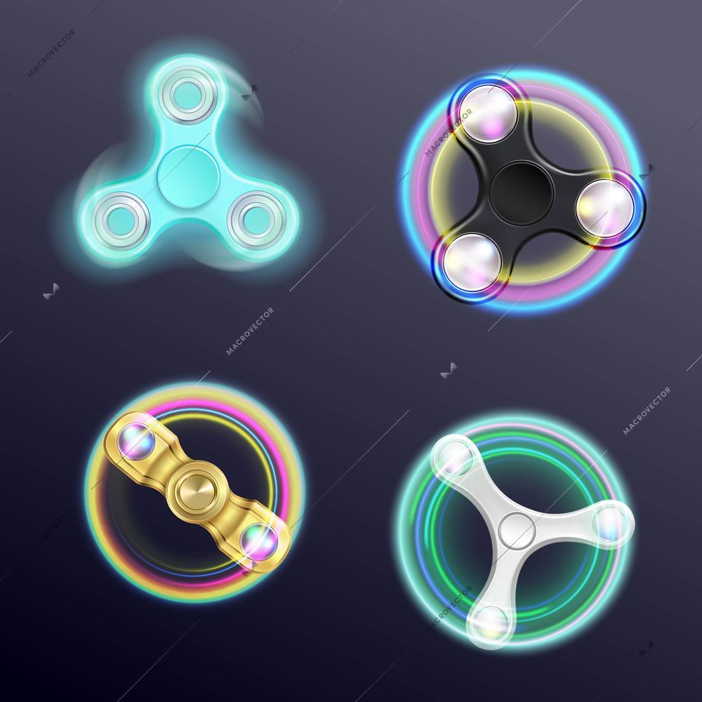 Finger spinner fidget with led lights 4 realistic gadgets images collection on black background isolated vector illustration