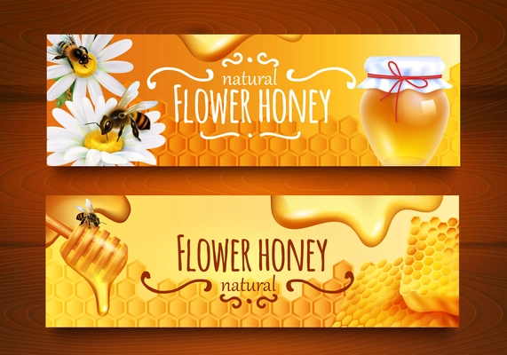 Realistic horizontal banners set with bees combs and jar full of natural flower honey isolated on wooden background vector illustration