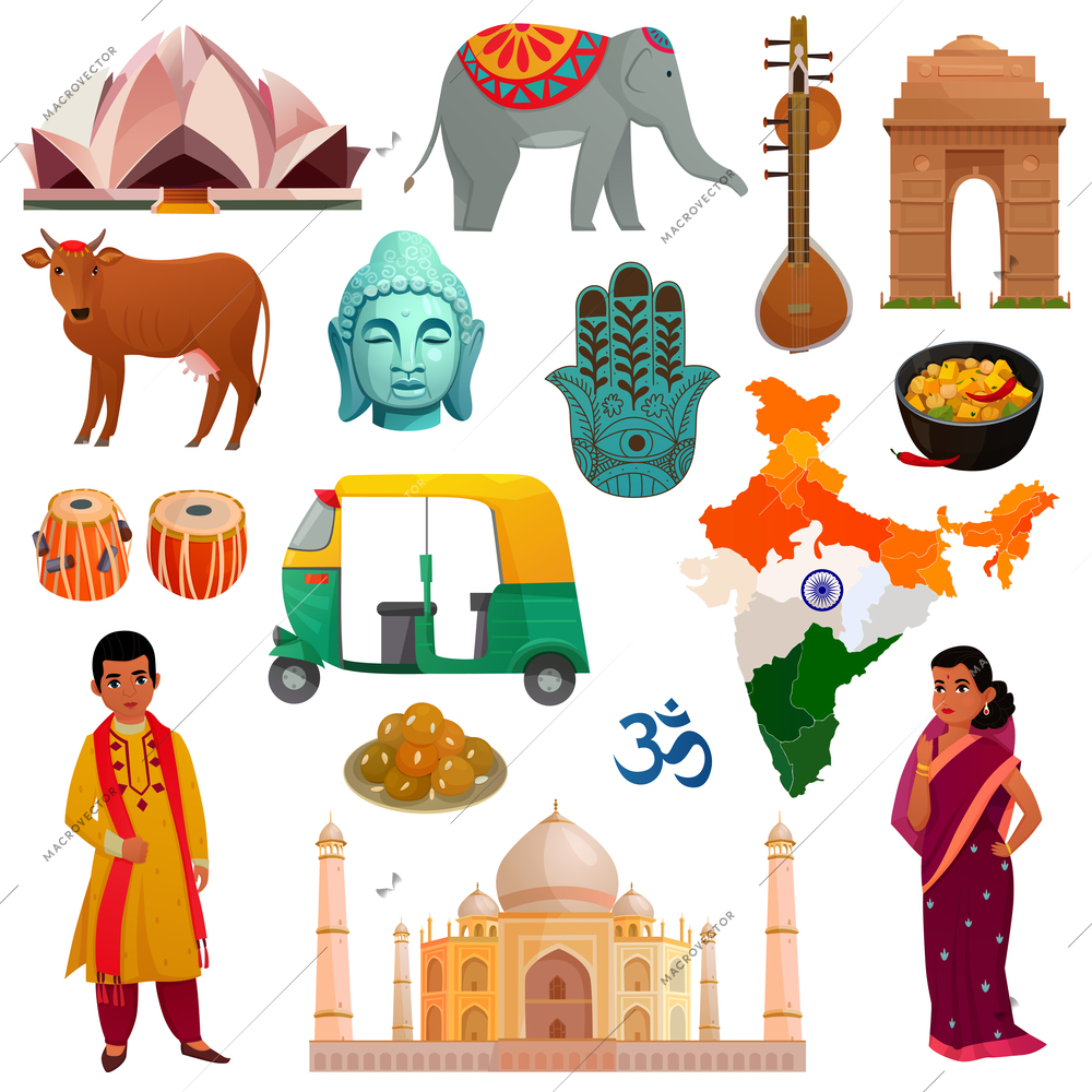 Various symbols sights and national costumes of india travel set isolated on white background cartoon vector illustration