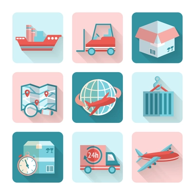 Logistic flat icons set of cargo ship delivery truck heavy box isolated vector illustration