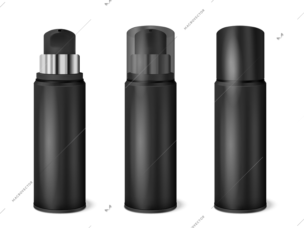 Black aluminium spray cans set with transparent and dark opaque cap on and removed realistic vector illustration