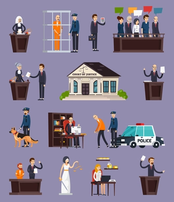 Law and justice orthogonal icons set with courthouse, defendant, police, jury on lilac background isolated vector illustration