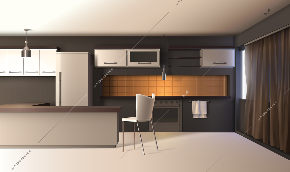 Modern kitchen interior realistic composition with studio apartment furniture cupboard cabinets and wooden table with shadows vector illustration