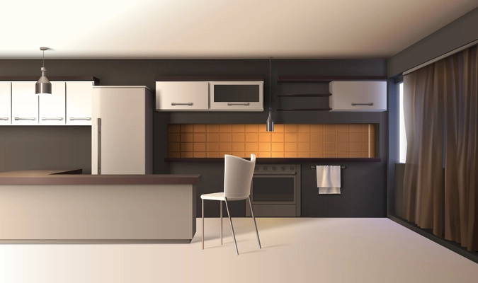 Modern kitchen interior realistic composition with studio apartment furniture cupboard cabinets and wooden table with shadows vector illustration