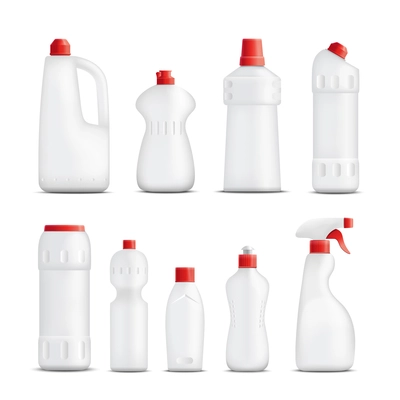 Detergent bottles realistic set of isolated plastic packaging of different shape for cleaning substances without labels vector illustration