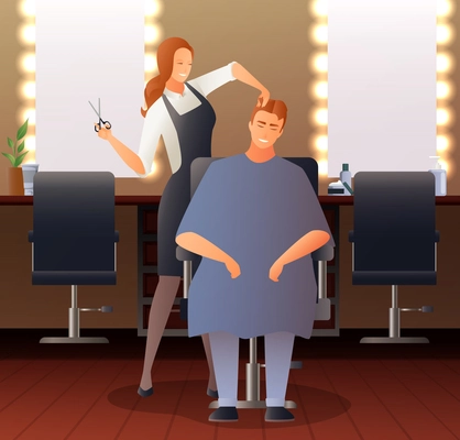 Hairdresser stylist barber gradient flat people composition with hairdressing salon interior seats mirrors and human characters vector illustration