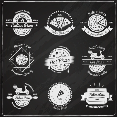 Pizza vintage emblems chalkboard set with decorative text and images of italian pizza pieces and fast delivery  vector illustration