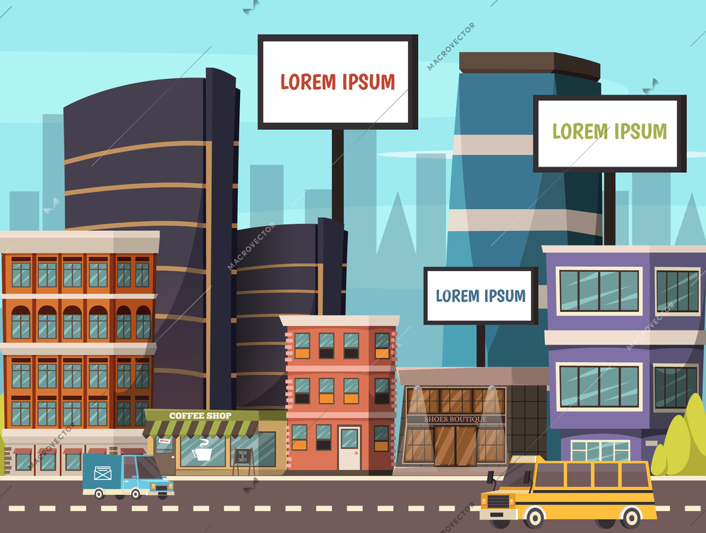 City  abstract composition with skyscraper in downtown billboards and cars riding on asphalt road flat vector illustration