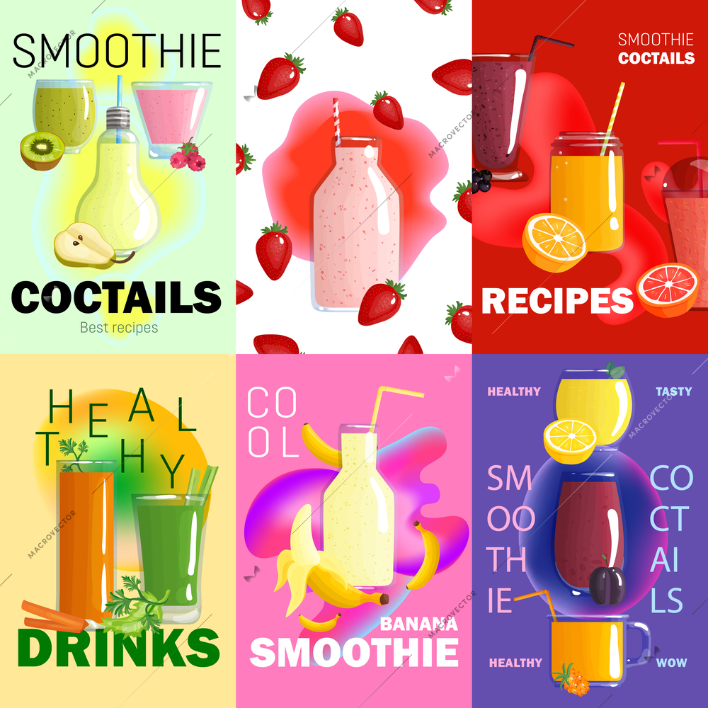 Six colored smoothie posters banner set with smoothie cocktails recipes healthy drinks headlines vector illustration