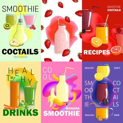 Six colored smoothie posters banner set with smoothie cocktails recipes healthy drinks headlines vector illustration