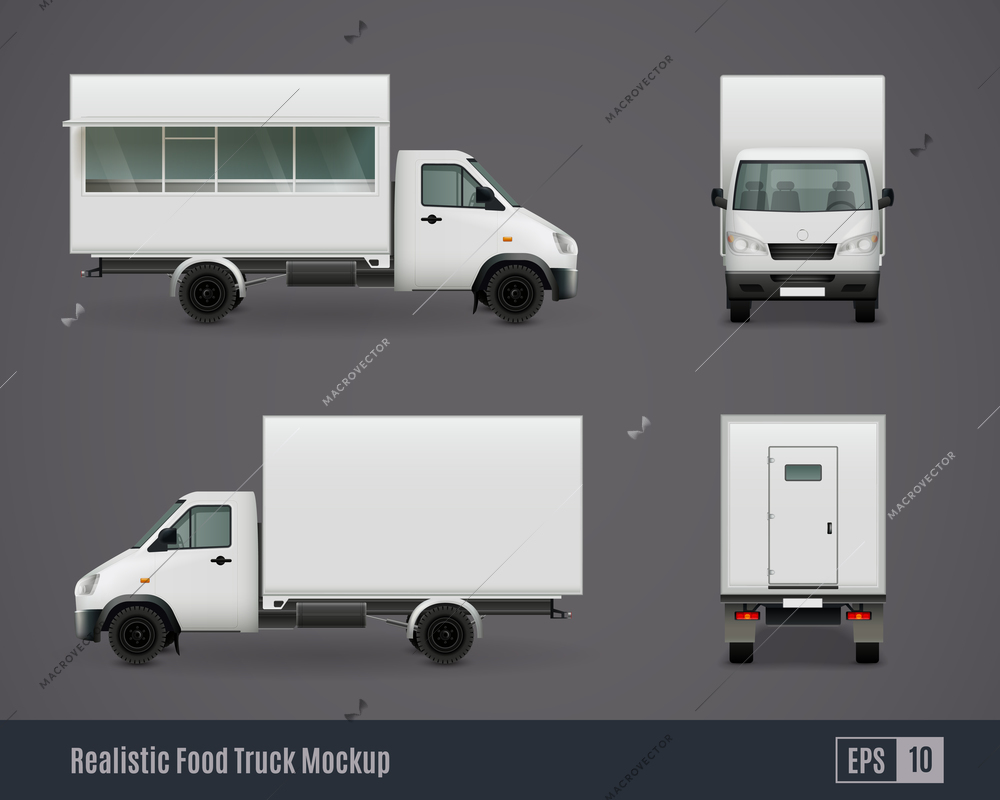 Food trucks realistic ad template mockup set of isolated commercial vehicle side view images without branding vector illustration