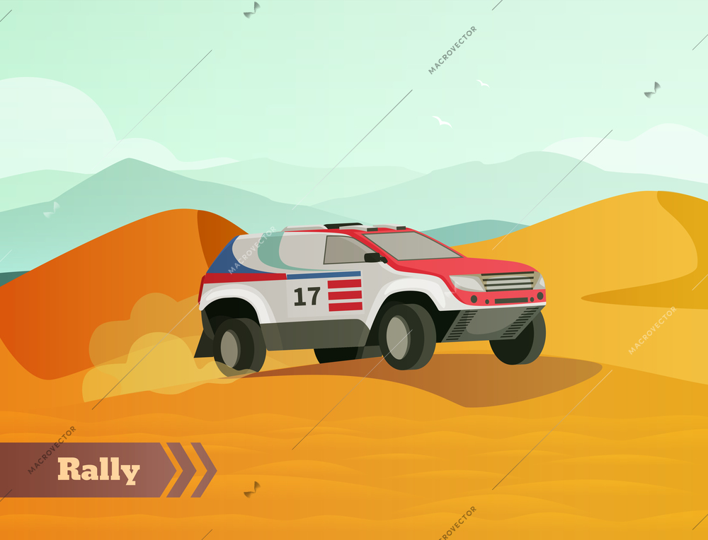 Racing flat composition with desert land scenery and doodle style image of range roving racing car vector illustration