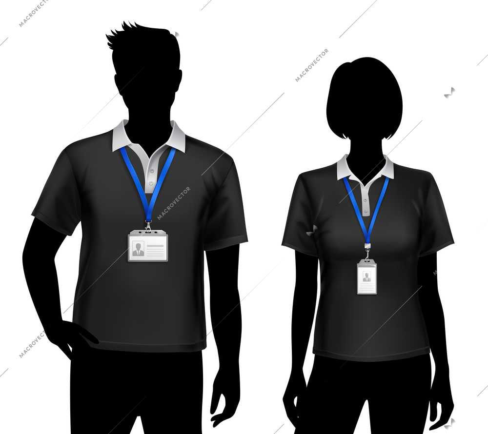 Black silhouettes of staff members man woman standing with blue lanyard id card badges holders vector illustration