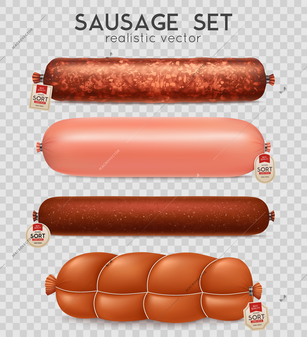 Realistic transparent sausage set with cooked and salami sausage isolated vector illustration