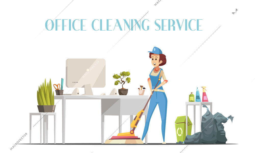 Office cleaning service design concept with young woman in interior washing floor by modern mop with spray element flat vector illustration