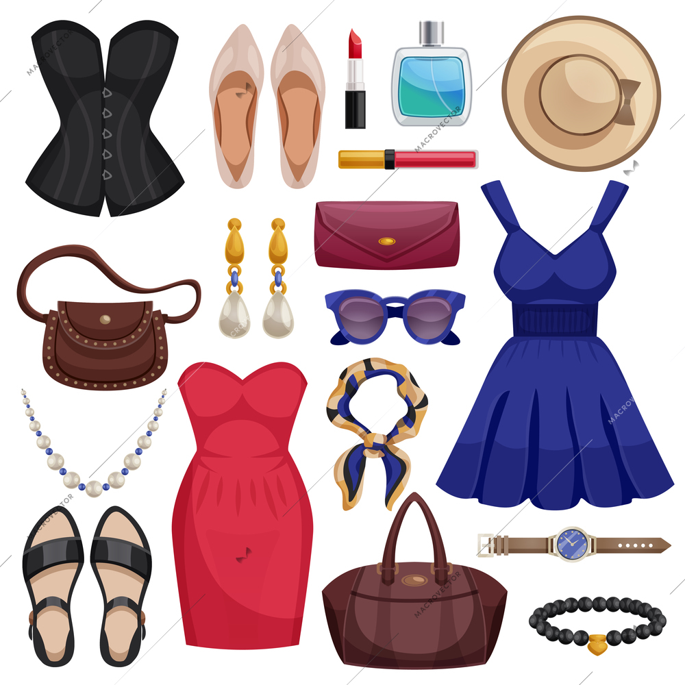 Colored and isolated women accessories icon set with clothes dress shoes handbags accessories and cosmetics vector illustration