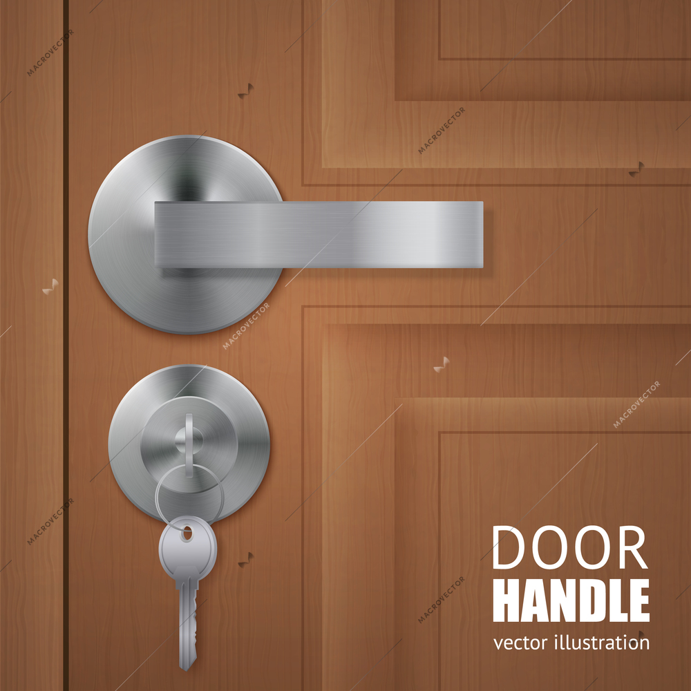 Realistic door handle lock keys composition with wooden door and metal lever with keys in the lock vector illustration