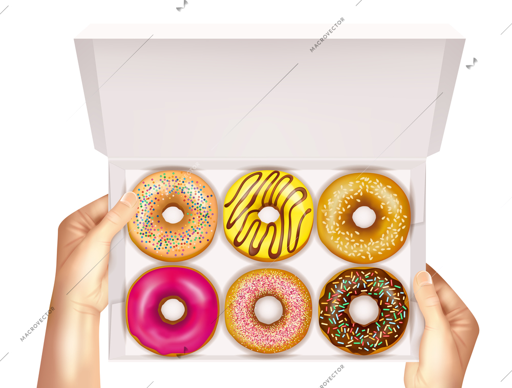 Realistic colorful donuts with sprinkles, glaze and sesame seeds in open white box in hands vector illustration