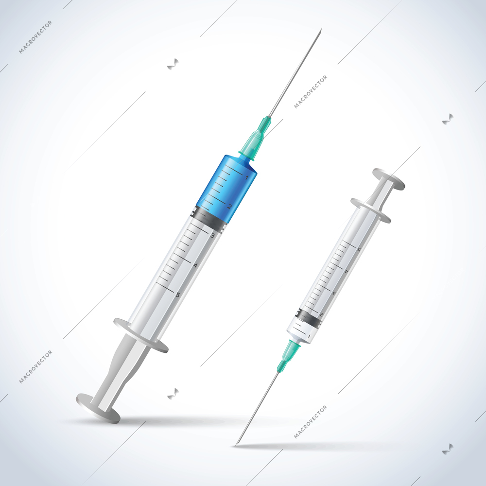 Realistic injection vaccine syringes medicine health care emblem vector illustration