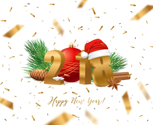 Happy New Year concept with celebration and holiday symbols realistic vector illustration