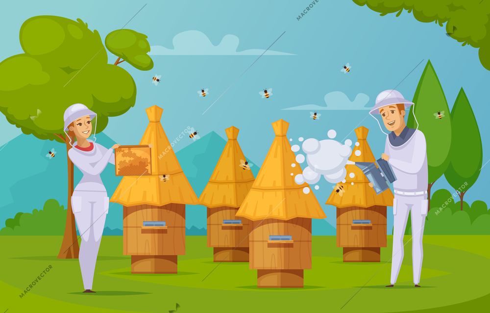 Bee farm apiary honey harvesting cartoon composition poster with beekeepers using smoker and holding honeycombs vector illustration