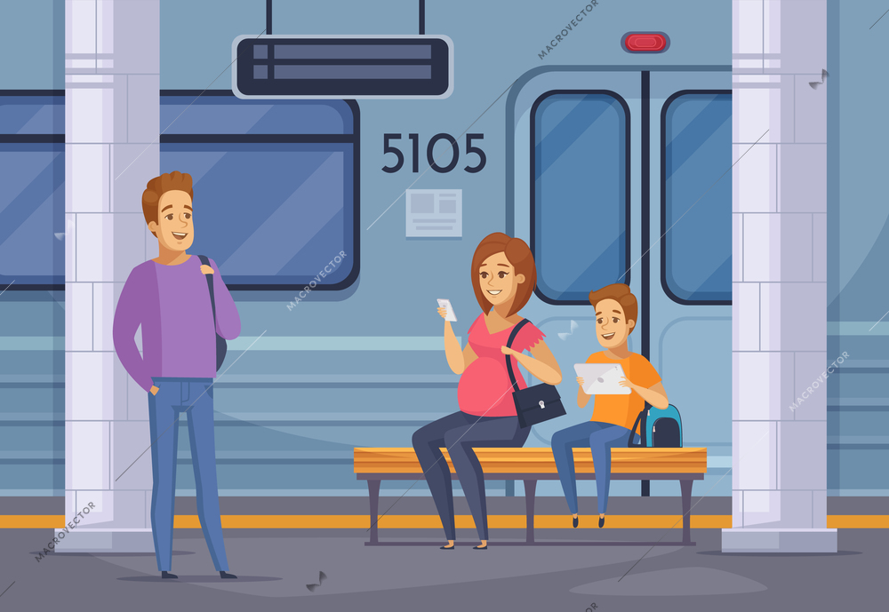 Underground subway passengers waiting train on platform cartoon composition with smiling pregnant woman holding smartphone vector illustration