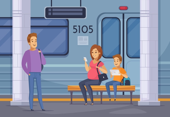 Underground subway passengers waiting train on platform cartoon composition with smiling pregnant woman holding smartphone vector illustration