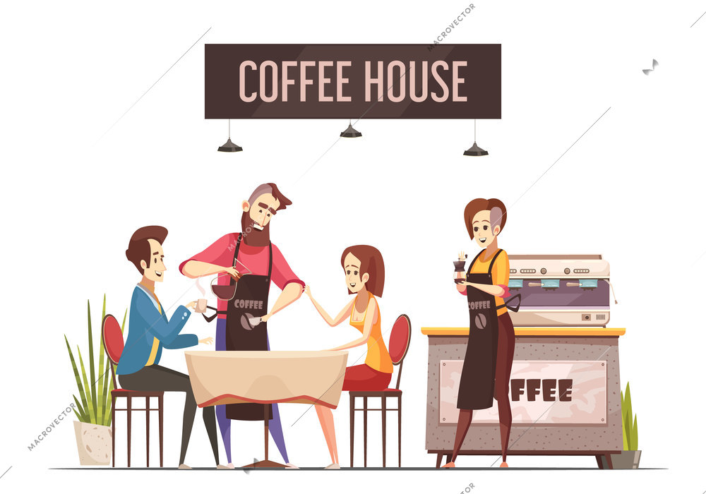 Coffee house design concept with young couple sitting at restaurant table and barista pouring coffee flat vector illustration