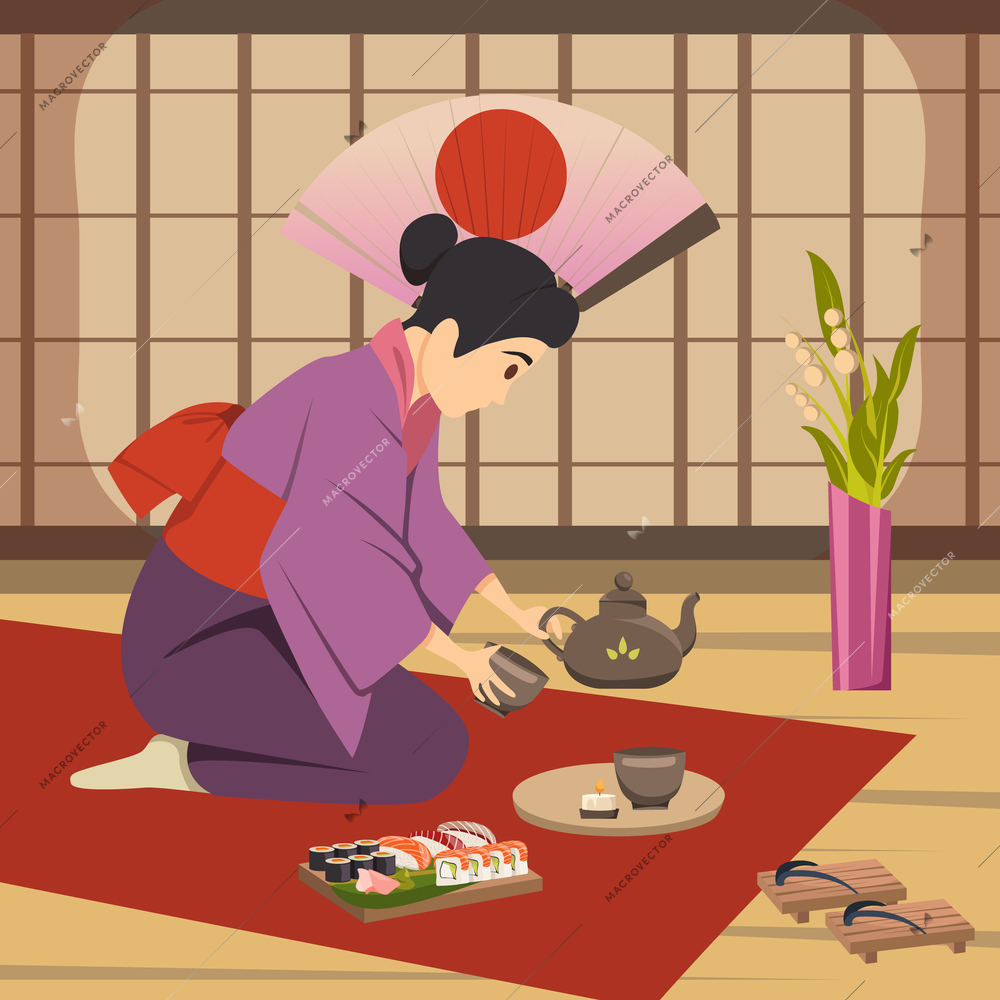 Japanese traditional tea ceremony ritual performed by woman on floor mat national symbols background poster vector illustration