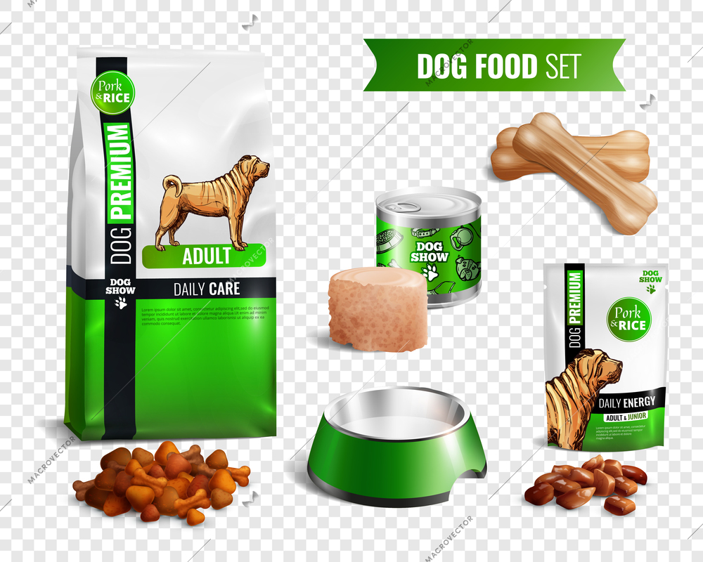 Colored realistic dog food transparent icon set with different types of food wet and dry vector illustration