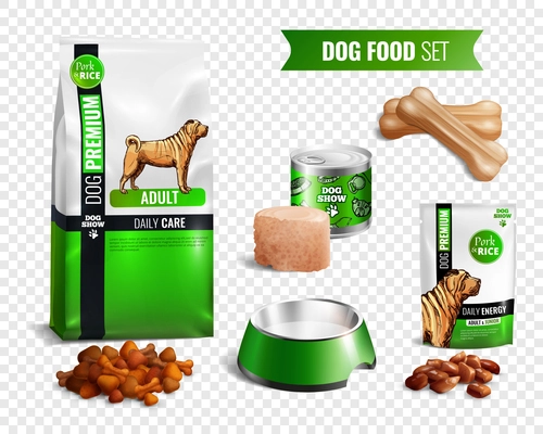 Colored realistic dog food transparent icon set with different types of food wet and dry vector illustration