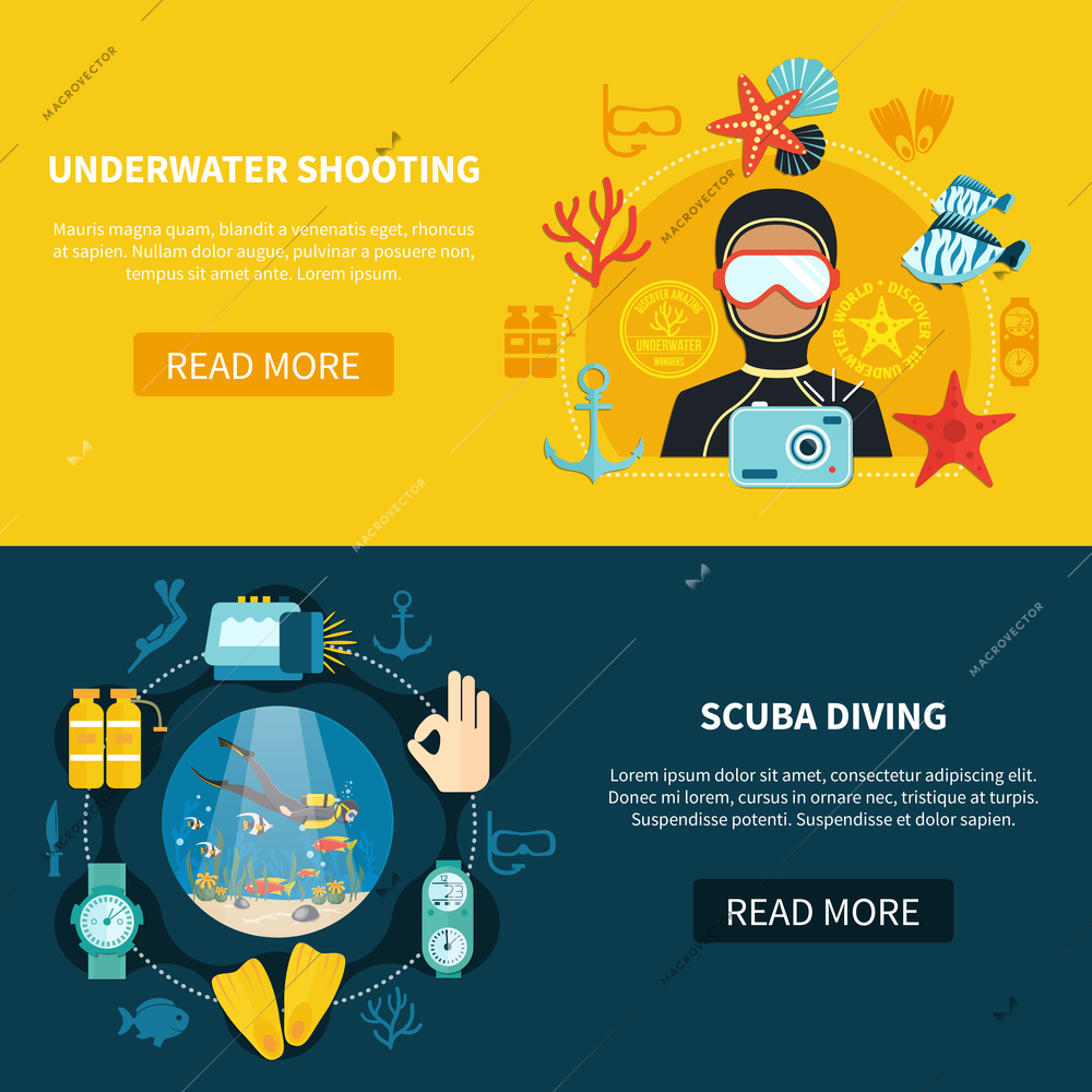 Horizontal banners with underwater shooting on yellow background and scuba diving with marine wildlife isolated vector illustration