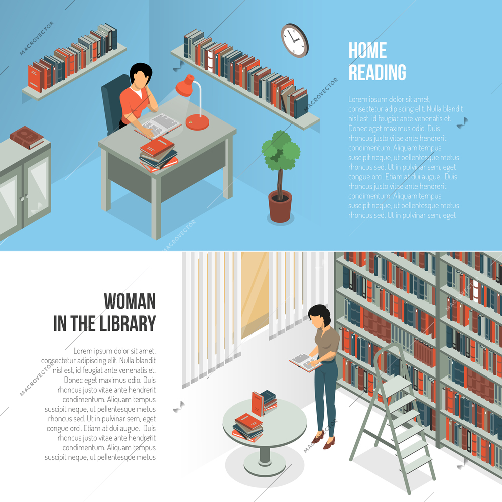 Isometric book reading horizontal banners collection with female librarian character in library interior environment with text vector illustration