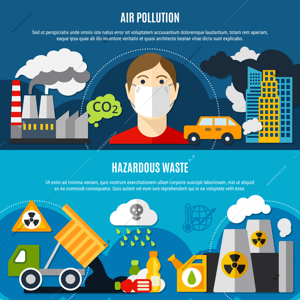 Pollution problem horizontal banners set with air pollution and waste symbols flat isolated vector illustration