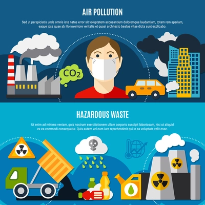 Pollution problem horizontal banners set with air pollution and waste symbols flat isolated vector illustration