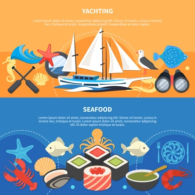 Sea horizontal banners set with seafood symbols flat isolated vector illustration