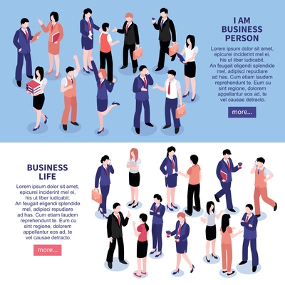 Business life horizontal banners with groups of creative people participating in workflow isometric vector illustration