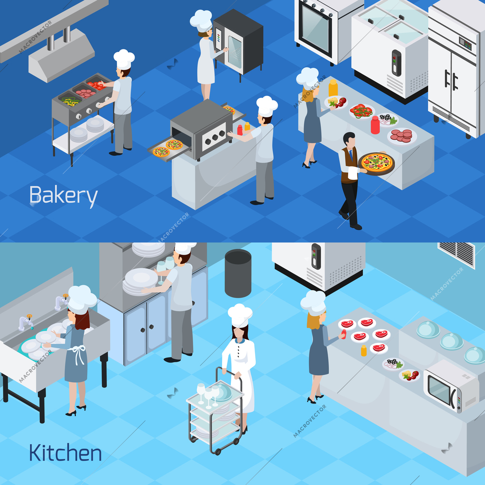 Bakery kitchen interior furniture equipment appliances  2 horizontal isometric banners with cooking staff members isolated vector illustration