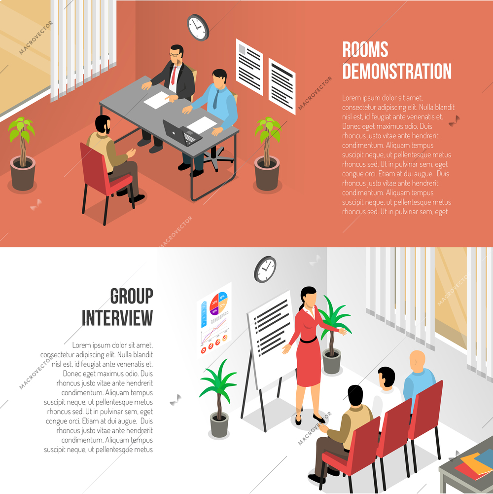 Job interview horizontal banners collection with isometric images of private and group job talks in office vector illustration