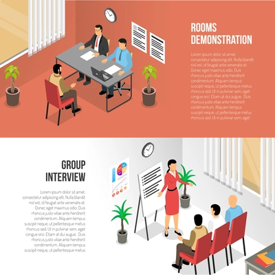 Job interview horizontal banners collection with isometric images of private and group job talks in office vector illustration