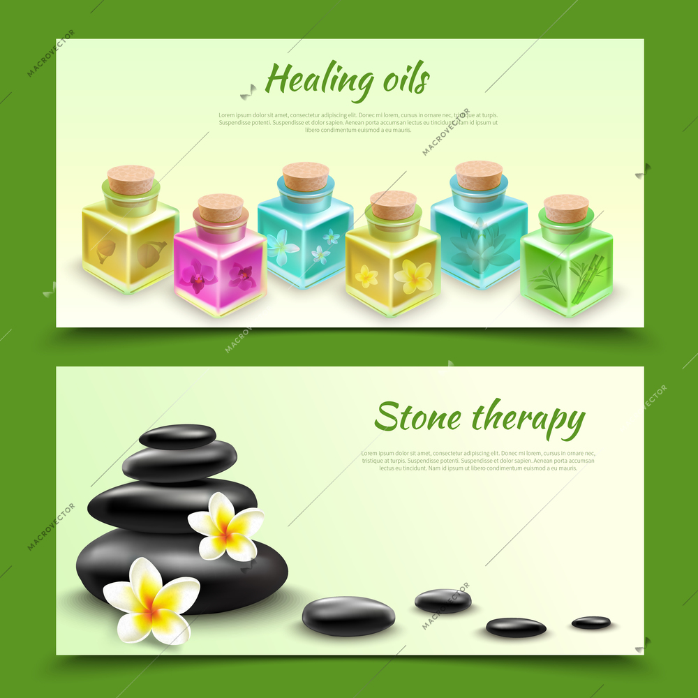 Spa realistic horizontal banners with healing oil phials and black stones for massage procedure vector illustration