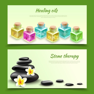 Spa realistic horizontal banners with healing oil phials and black stones for massage procedure vector illustration