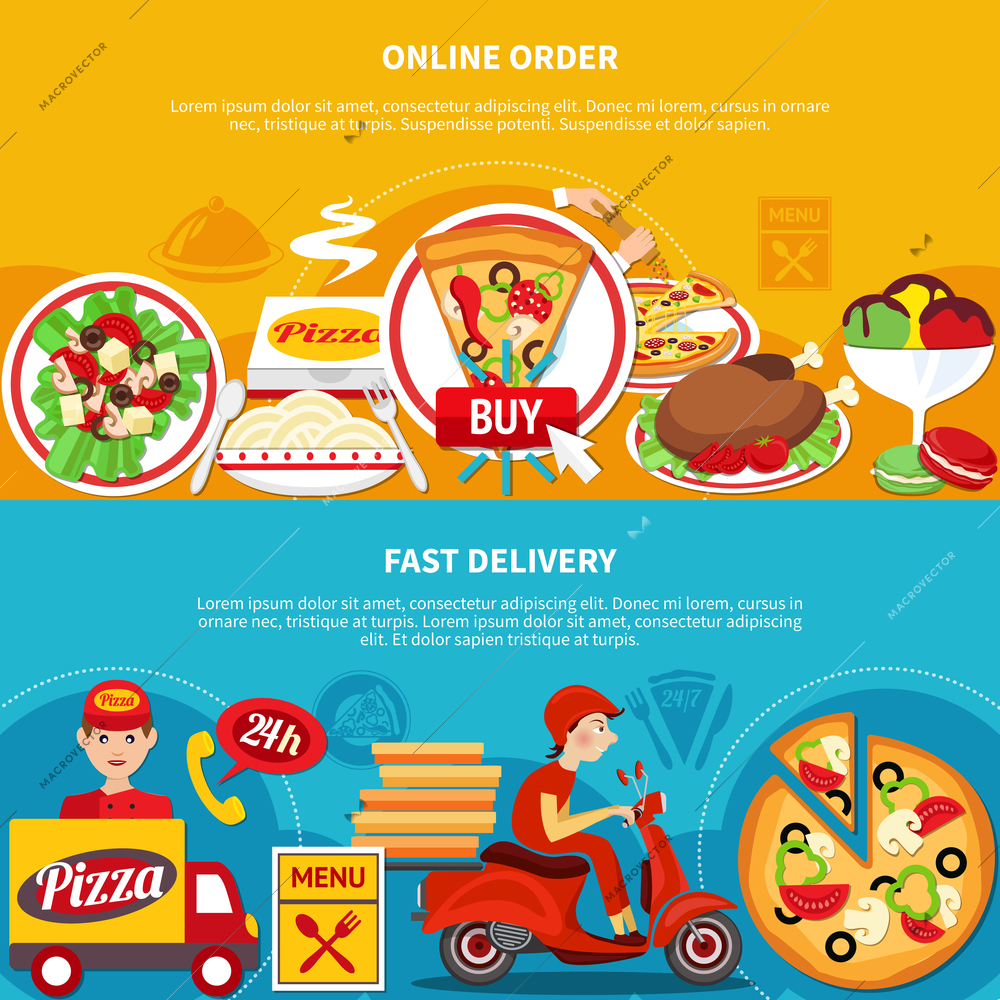 Pizza horizontal banners set with online ordering and home delivery service images with cartoon human characters vector illustration