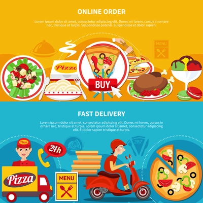 Pizza horizontal banners set with online ordering and home delivery service images with cartoon human characters vector illustration
