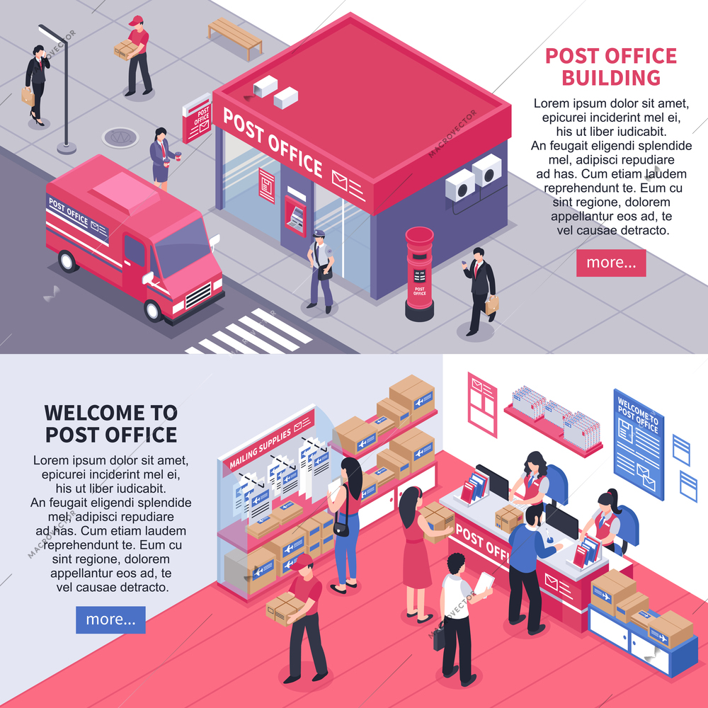 Post office isometric horizontal banners with views from inside and outside staff and correspondence recipients vector illustration